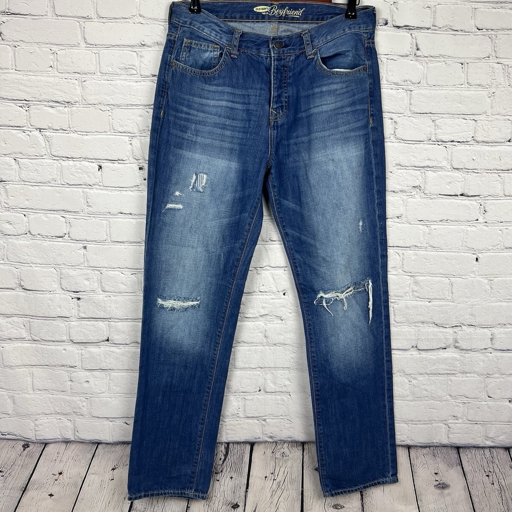 Old Navy Womens Boyfriend Button Fly Jeans Distressed Mid Rise Medium Wash Sz 4‎
